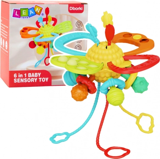 Hračka na senzorickú stimuláciu 6v1 s hryzadlom a šnúrkami