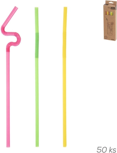 Opakovane použiteľné plastové slamky 24 cm s dlhým ohybným kĺbom, mix farieb, 50 ks