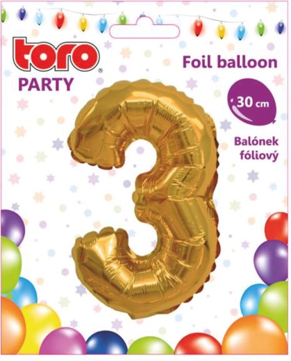 Fóliový balónik číslica 3, 30 cm, zlatý TORO