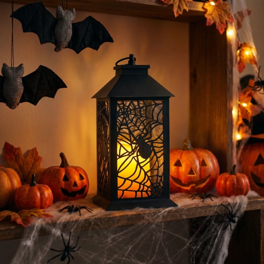 Halloweenová blikajúca LED lampáš s pavúkom na batérie