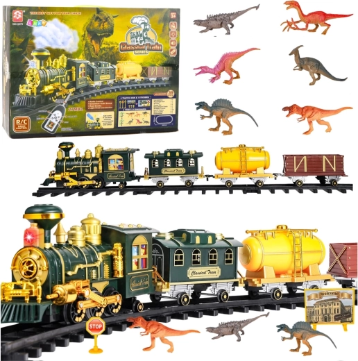 Klasická elektrická vláčikodráha s dinosaurami a RC diaľkovým ovládaním, svetlami, zvukmi a dymom – 39 dielov