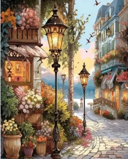 Diamantová mozaika - Kvetinová ulica s lampami