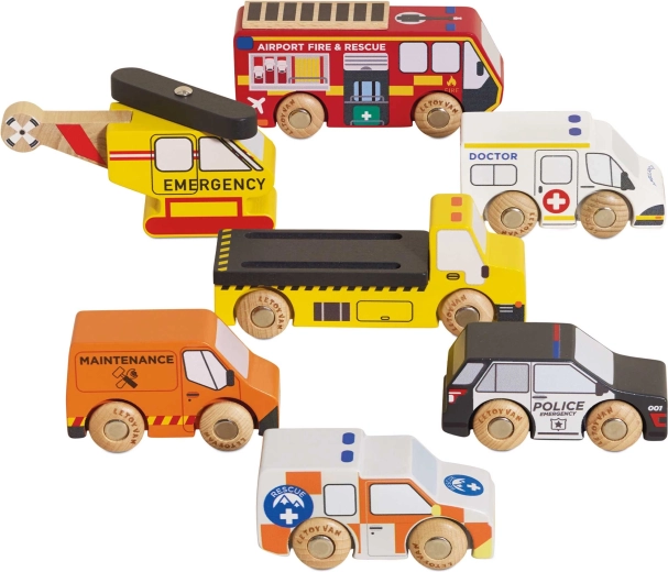 Le Toy Van drevená sada záchranných vozidiel s vrtuľníkom