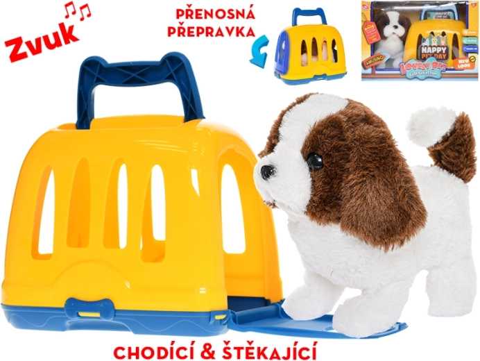 Plyšový psík v prepravke, chodiaci a štekajúci, 19 cm