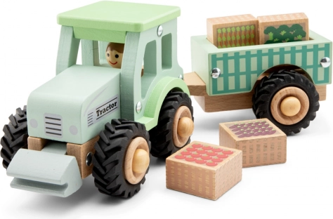 Drevený traktor s valníkom a nákladom