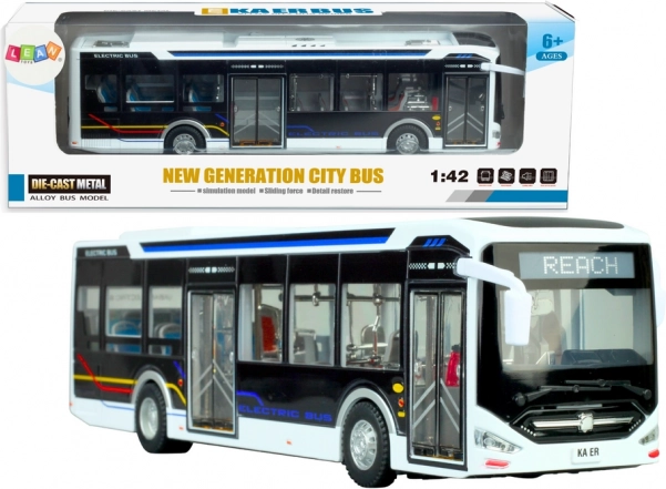 Elektrický mestský autobus 1:42 kovový biely so svetlami