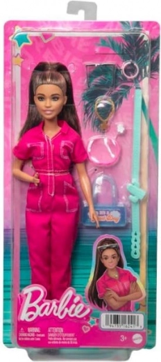 barbie brunetka v ružovom overale s doplnkami