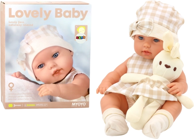 Detská bábika v nosiči Bunny Kockované šaty béžová