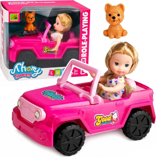 Mini bábika v ružovom terénnom kabriolete so psíkom