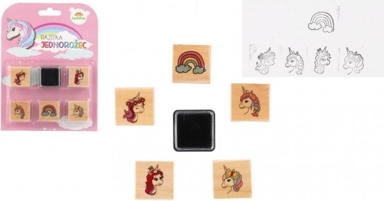 Drevené pečiatky s poduškou – jednorožce a dúha (5+1), 3 × 3 cm