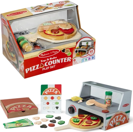 Melissa & Doug drevená pizzeria – pizza pult s pecou a doplnkami (41 ks)