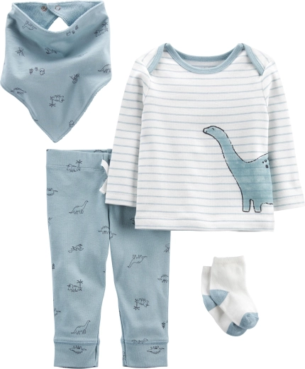 Carter's 4-dielna sada pre bábätko Blue Dino – body s dlhým rukávom, tepláky, ponožky a podbradník (pre chlapcov)