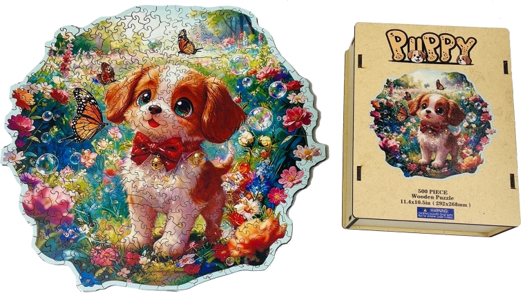 Drevené puzzle – hravé šteniatko
