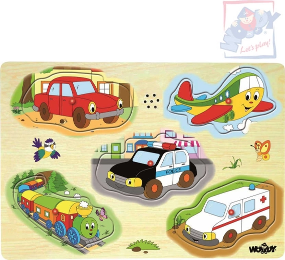 Woody drevené zvukové puzzle dopravné prostriedky 5 dielikov