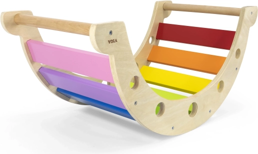 Drevený montessori hojdačkový most 2v1 Viga – dúhový bujak