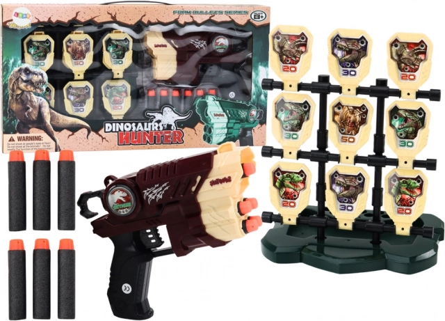 Zábavná pištoľ s terčom a penovými šípkami – dinosaury