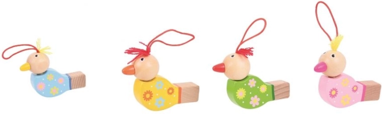 Drevená pestrofarebná píšťalka Vtáčik žltá