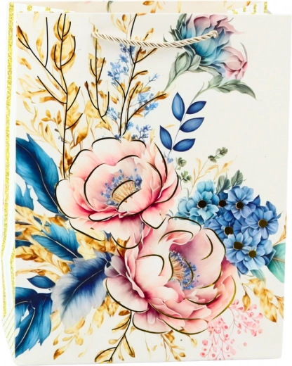 Darčeková taška s kvetmi a zlatými prvkami