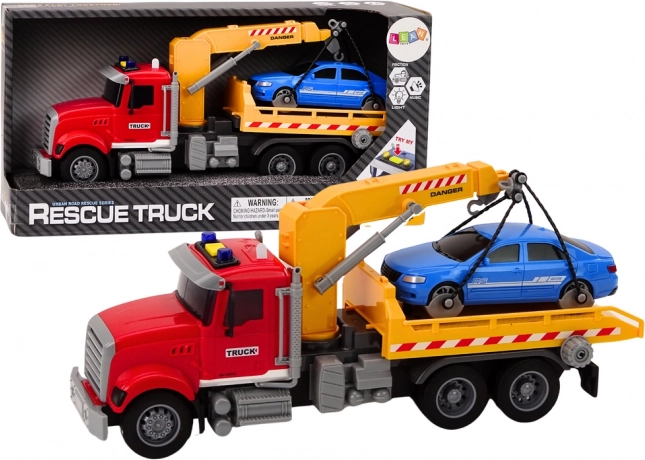 Červené ťahacie auto s žeriavom a svetelnými efektmi