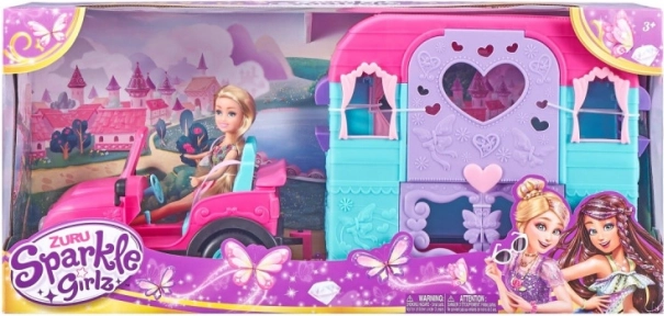Bábika SPARKLE GIRLZ s jeepom a kempingovým prívesom 26,5 cm
