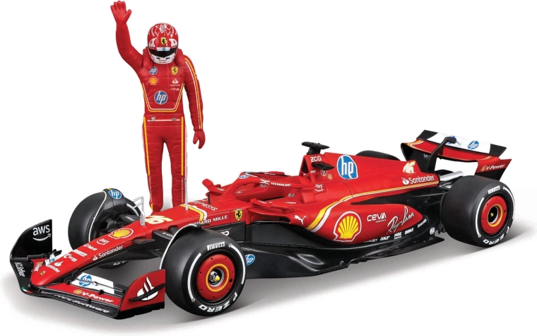 Model F1 Bburago Ferrari SF-24 (2024) s figúrkou jazdca Charlesa Leclerca 1:24