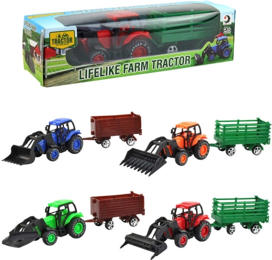 Farmársky traktor s čelným nakladačom a vlečkou 9 cm v krabičke – 1 kus