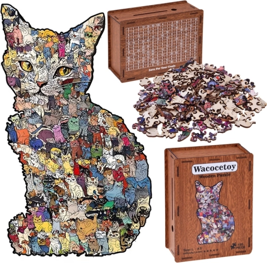 Drevené puzzle mačka 2v1 s krabičkou–pokladničkou (vintage), A3, 195 dielikov