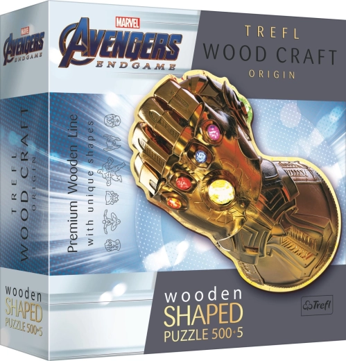 Drevené obojstranné puzzle TREFL Wood Craft Origin Marvel: Rukavica nekonečna – 505 dielikov