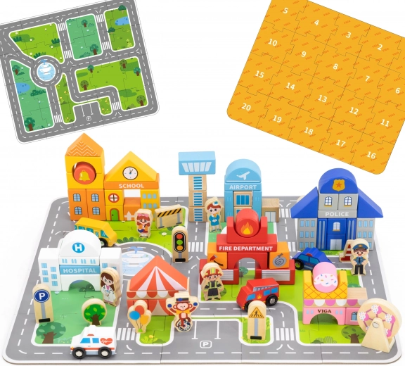 Drevená stavebnica mesto Viga s puzzle podložkou a figúrkami