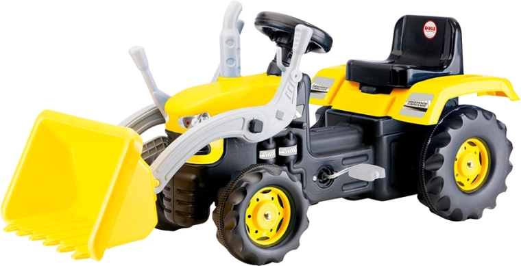 Veľký šliapací traktor s rýpadlom žltý