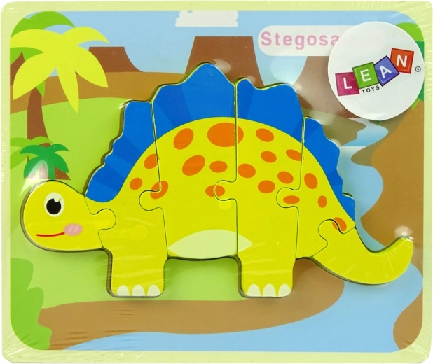 Drevené puzzle dinosaurus – žltý stegosaurus alebo žltý oviraptor