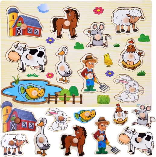 Drevené vkladacie puzzle farma s úchytmi (10 dielikov)