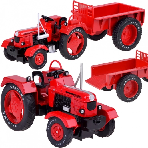 kovový červený traktor s prívesom 1:18 s gumovými kolesami