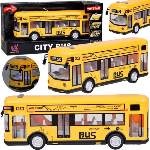 Žltý mestský autobus so svetlami, zvukmi a otváracími dverami