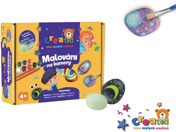 Sada na maľovanie kameňov svietiacich v tme s farbami a štetcami CREATED