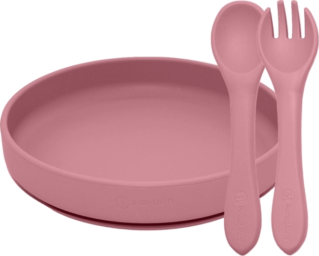 Jedálenský silikónový set Petite&Mars Take&Match – tanier s prísavkou a príbor dusty rose (6m+)