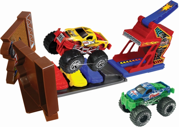 Autá monster truck kaskadérska dráha s 2 kovovými autami