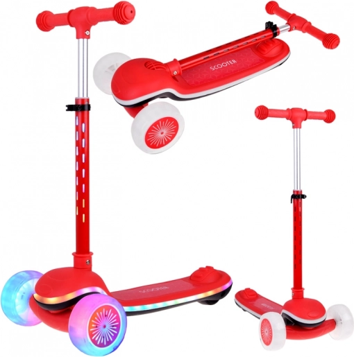 Detská trojkolesová balančná kolobežka Scooter s LED osvetlením a hudbou – Červená