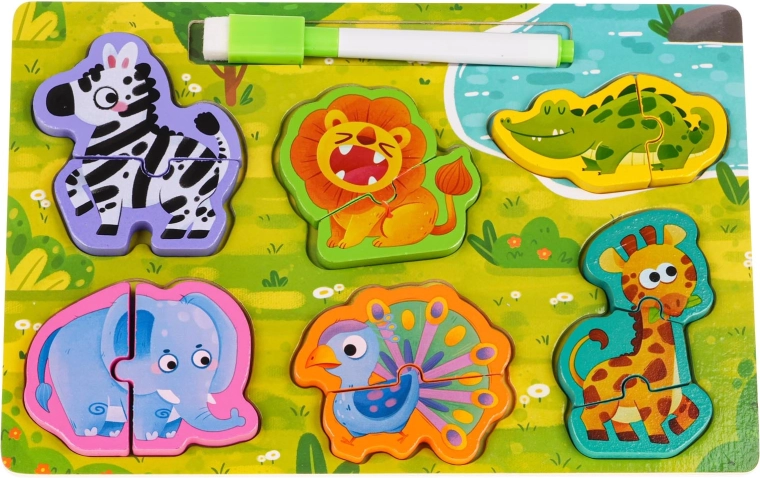 Drevená tabuľa s obojstranným povrchom a zvieracími puzzle – Safari