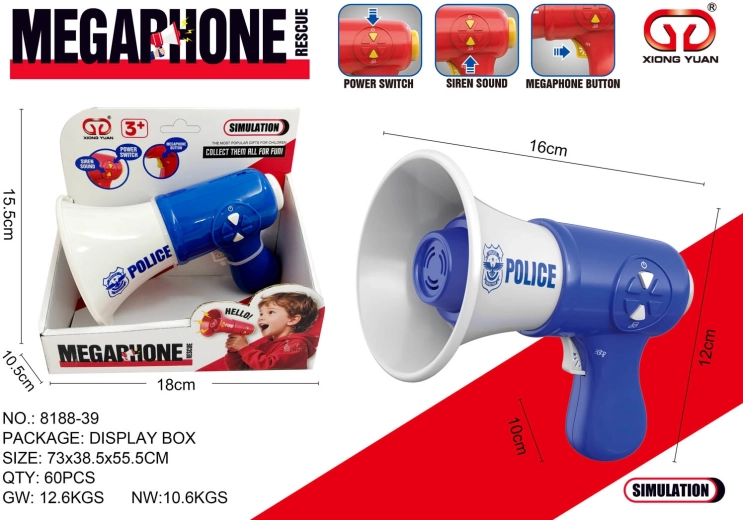 Modrý detský policajný megafón