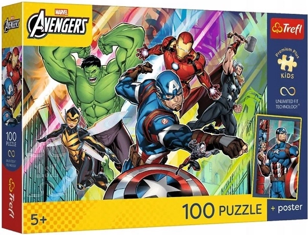 Trefl Marvel Avengers detské puzzle 100 dielikov Sila a moc s plagátom