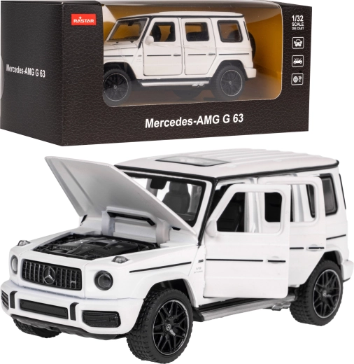 Model auta Mercedes‑AMG G 63 1:32 Rastar s kovovou karosériou a otváracími prvkami – Biela