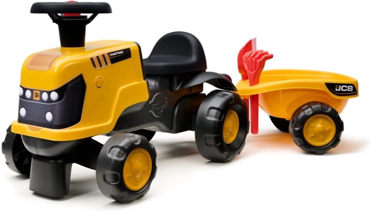 Odrážadlo traktor JCB Fastrac s prívesom, lopatkou a hrabľami 1–3 roky