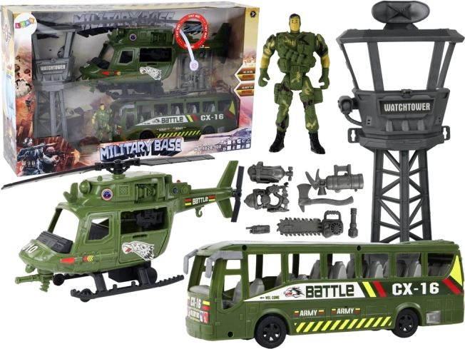 Vojenský set s helikoptérou, bojovým vozidlom, kontrolnou vežou a figúrkou vojaka
