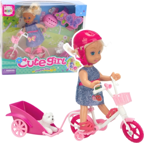 Súprava mini bábika s bicyklom, prívesom a bielym psíkom