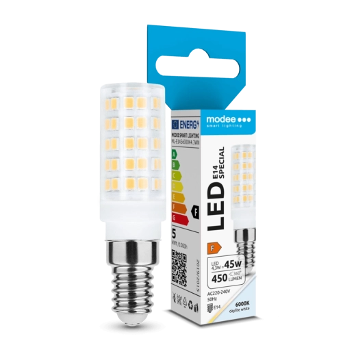 Modee Lighting LED keramická žiarovka E14 4,3 W studená biela 360°