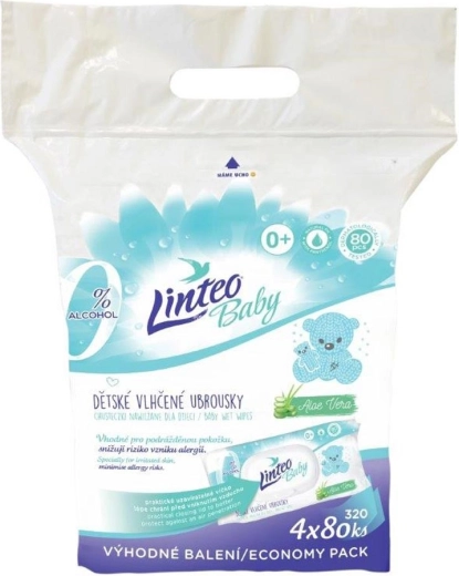 Detské vlhčené obrúsky Linteo Baby s aloe vera, 4×80 ks