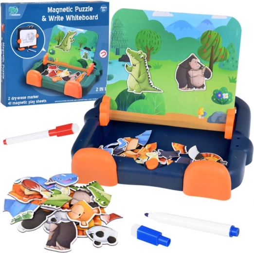 Magnetická tabuľa 2v1 s magnetickými puzzle zvieratiek a stierateľnou kresliacou plochou