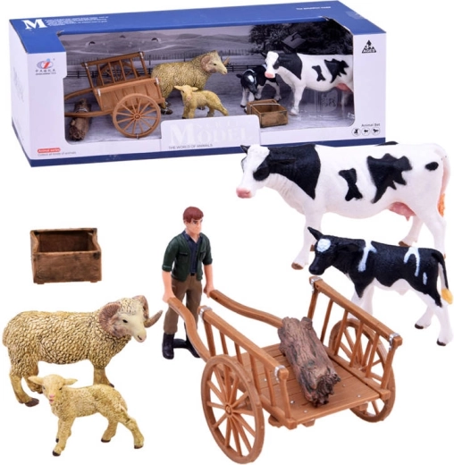 Sada figúrok farma – krava, teľa, baran, ovečka a farmár so zvieracím ohradením – C