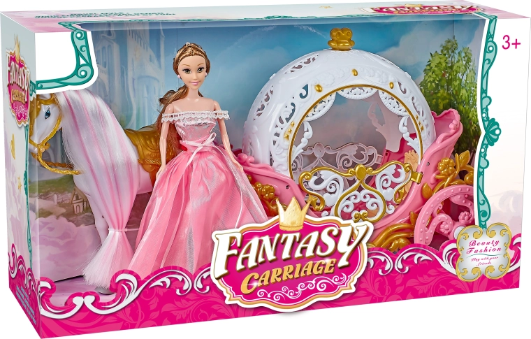 Magický ružový kočiar s Pegasom a bábikou so svetlom a zvukom